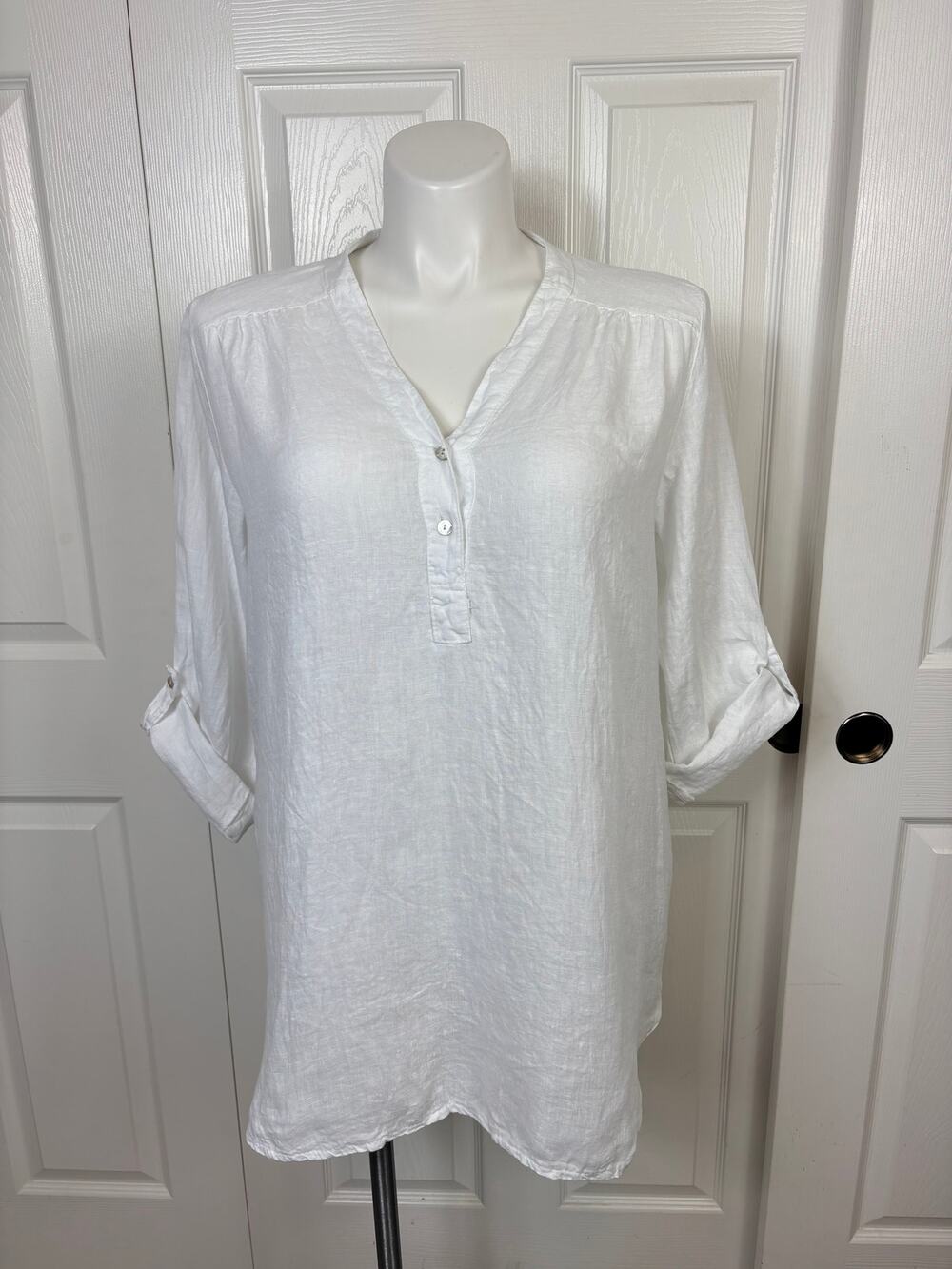 Rosemarine Italy 100% Linen Tunic Top White 3/4 Roll Tab Sleeve Size L